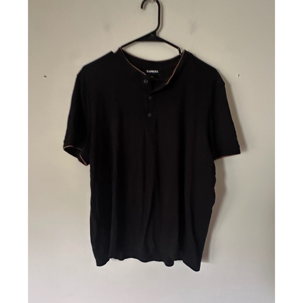 Express Mens Henley Shirt Black Short Sleeve Cotton Contrast Trim Size L